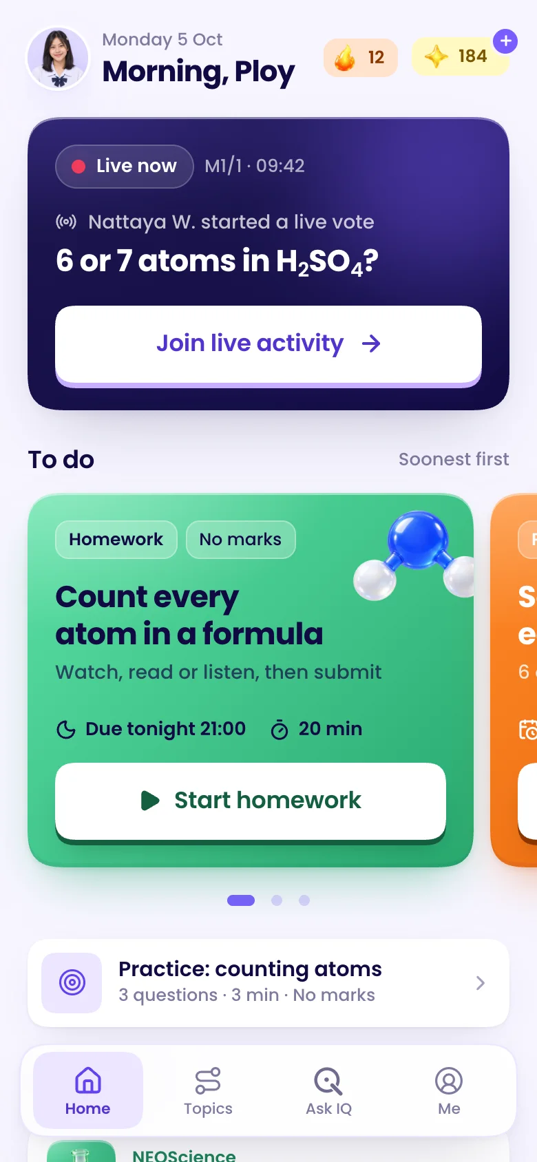 Student home screen with a live class vote and the day's homework